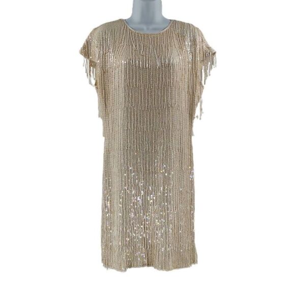 Beautiful Vintage Iridescent Cream Glass Beaded Sequin Fringe Dress | Circa 1980 - Picture 1 of 4